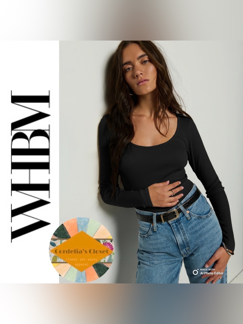 WHITE HOUSE BLACK MARKET Scoop Neck Long Sleeve Top in Black size Medium